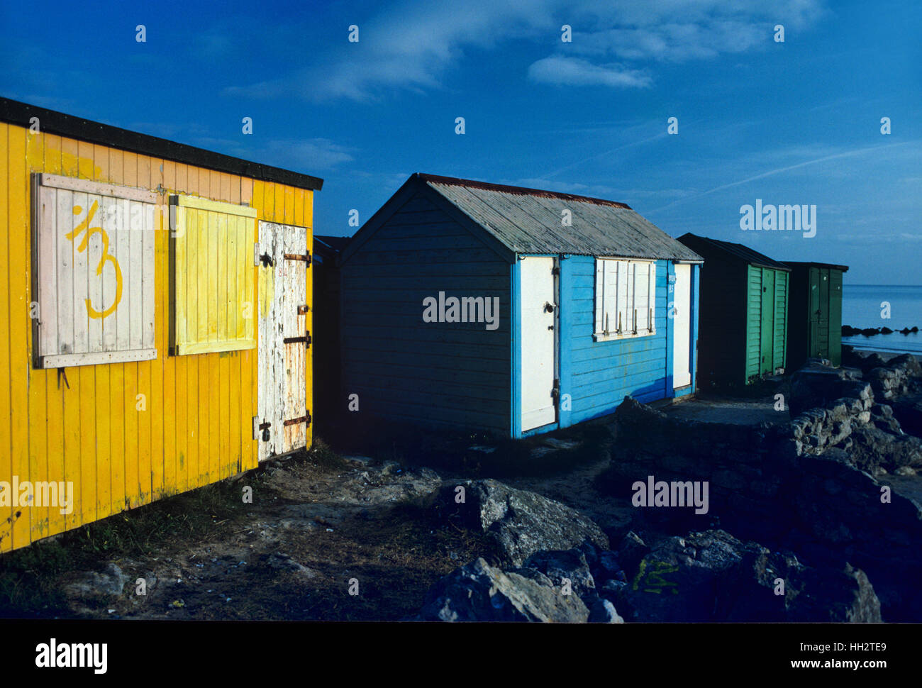 Colourful Beach Huts on Beach or Bay of Benllech Anglesey Wales Stock