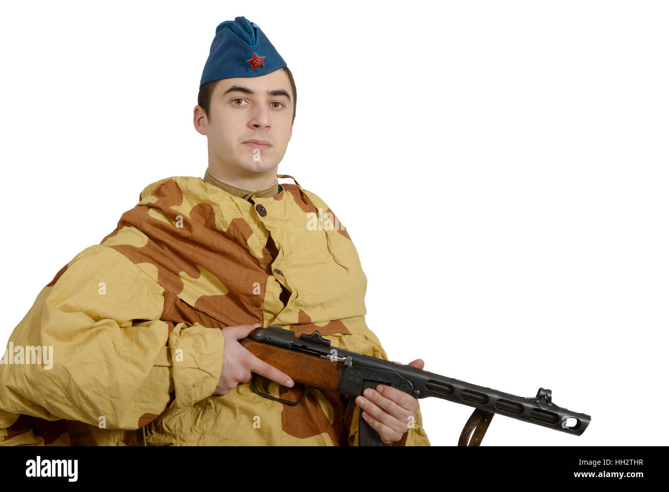 young Soviet soldier with machine gun , ww2, on white background Stock Photo