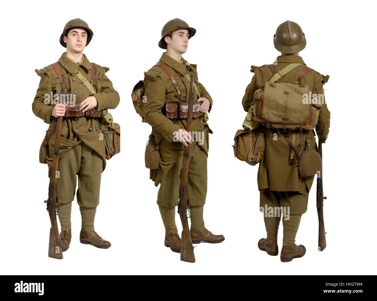 the French soldier in 1940's uniform, viewed from the front, side and back  Stock Photo - Alamy