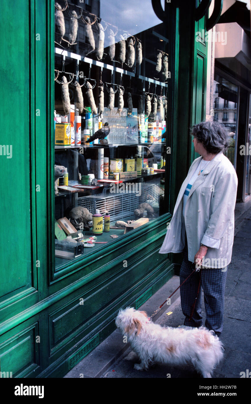 A Woman and Her Dog Look in Store Front or Shop Window Showing Rats in Traps in a Shop or Small Business Specialising in Pest Control Paris France Stock Photo