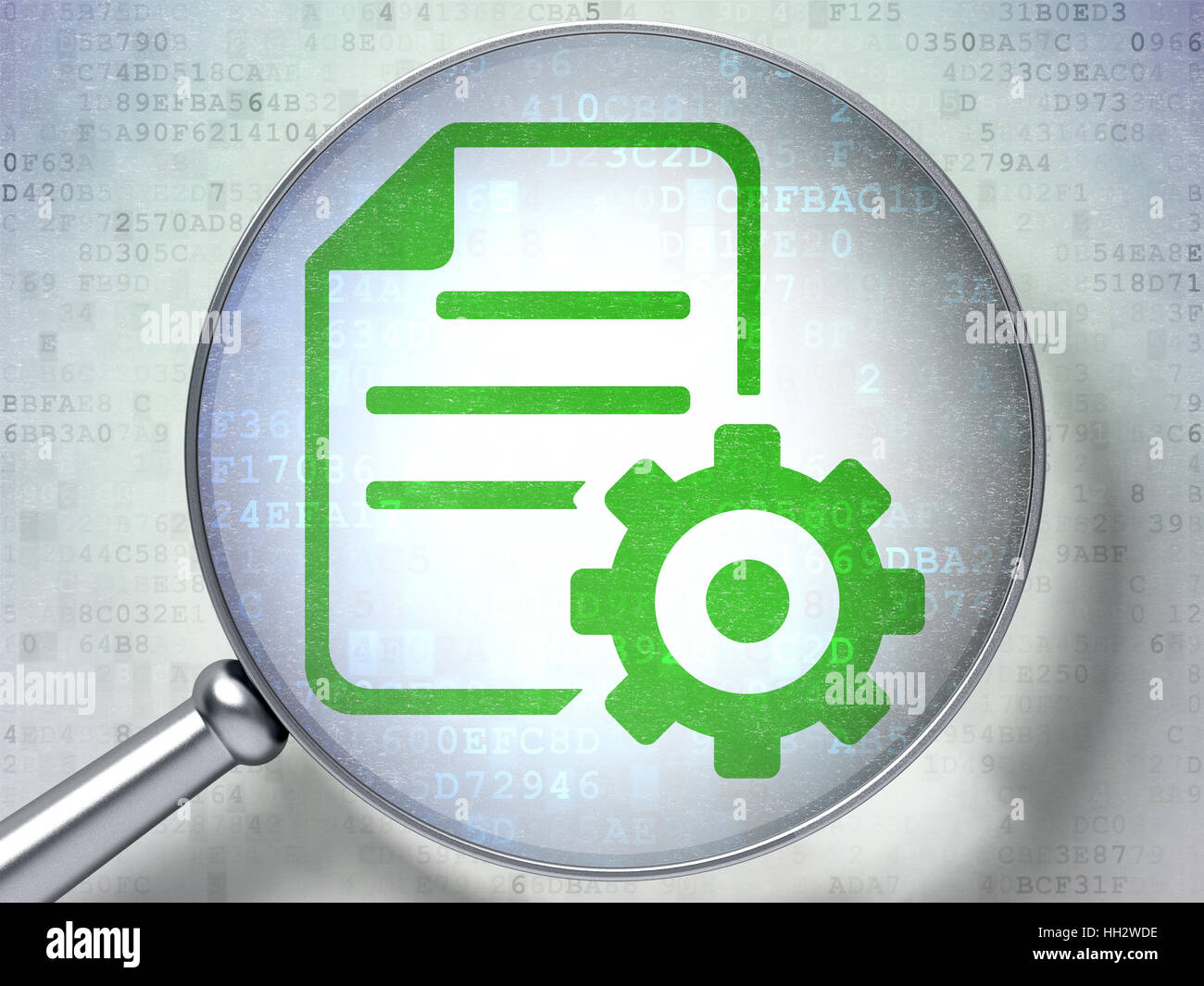 Database concept: Gear with optical glass on digital background Stock ...