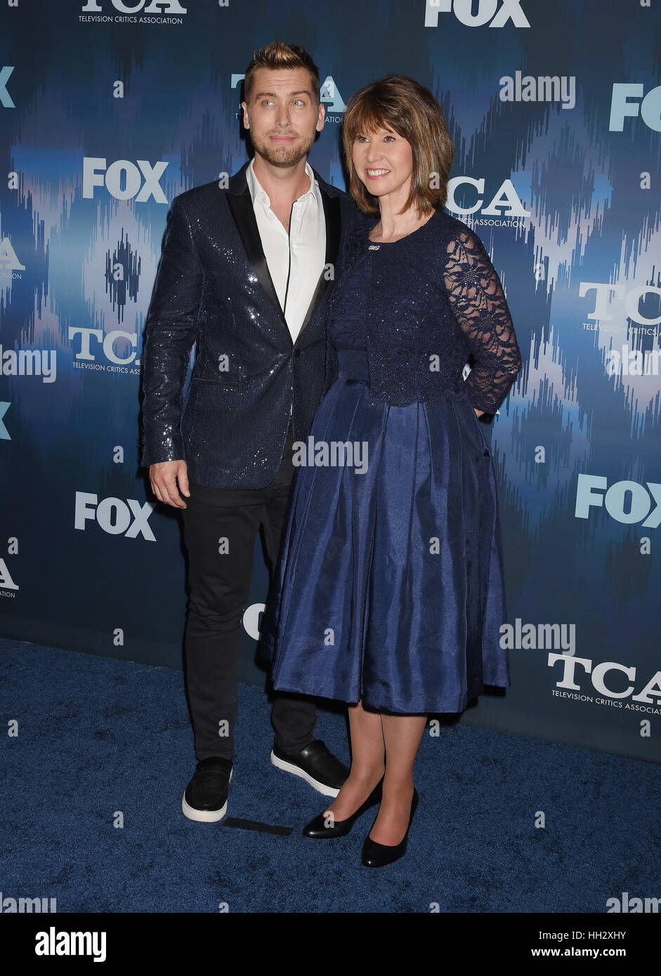 Pasadena, California. 11th Jan, 2017. PASADENA, CA - JANUARY 11: TV personality/singer Lance Bass (L) and mother Diane Bass attend the 2017 Winter TCA Tour - FOX All-Star Party at the Langham Huntington Hotel on January 11, 2017 in Pasadena, California. | usage worldwide Credit: dpa/Alamy Live News Stock Photo