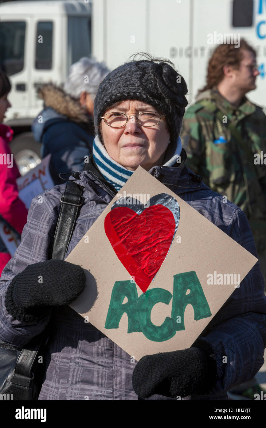 Detroit, USA. 15th January, 2017. Thousands of Detroit-area residents joined a 'Save Health Care Rally,' part of a national Day of Action opposing Republican attempt to dismantle Obamacare. Several members of Congress, including Senator Bernie Sanders, addressed the rally. ©: Jim West/Alamy Live News Stock Photo