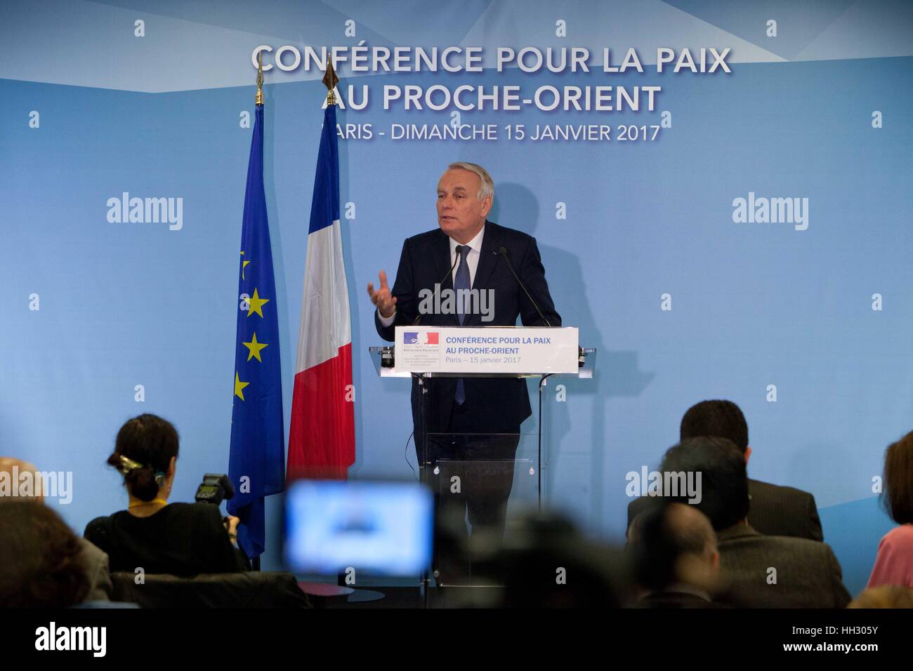 Paris, France. 15th Jan, 2017. Political figures attend the Middle East Peace Conference, Paris, France. International summit. 7O countries have participated in the summit. Jean-Marc Ayrault, French politician, Foreign Affaires Minister of France. Credit: Ania Freindorf/Alamy Live News Stock Photo