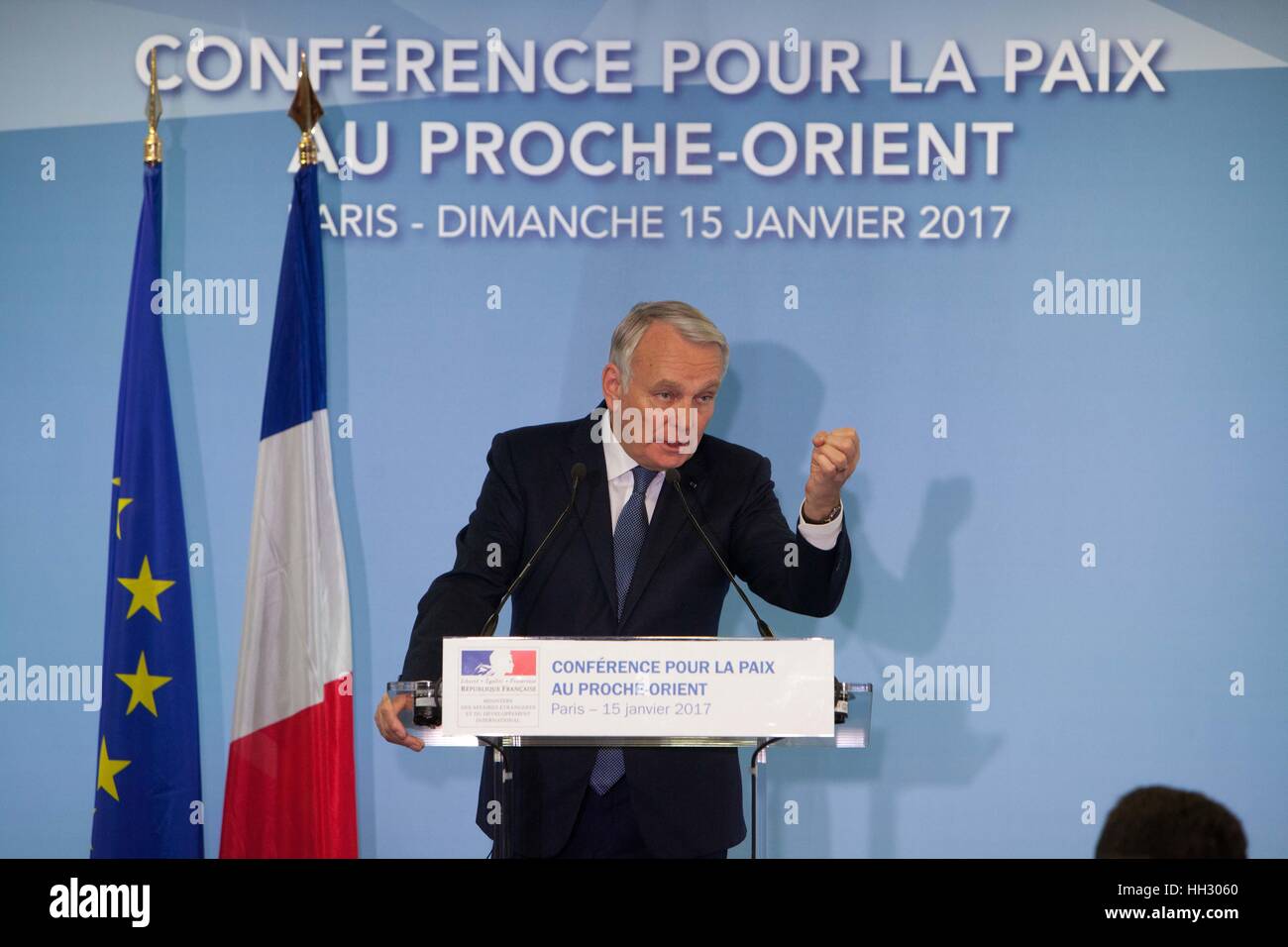 Paris, France. 15th Jan, 2017. Political figures attend the Middle East Peace Conference, Paris, France. International summit. 7O countries have participated in the summit. Jean-Marc Ayrault, French politician, Foreign Affaires Minister of France. Credit: Ania Freindorf/Alamy Live News Stock Photo