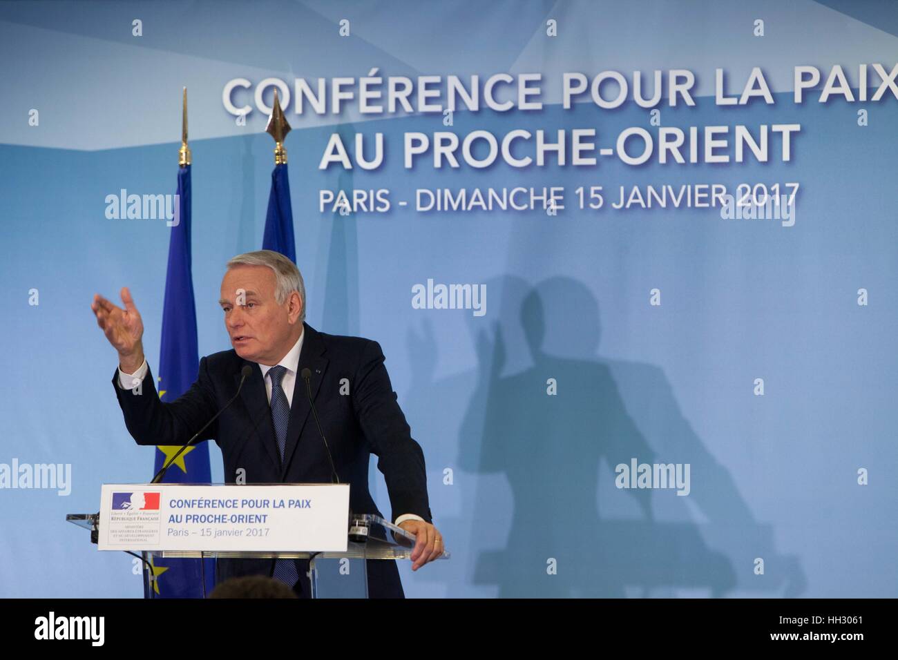 Paris, France. 15th Jan, 2017. Political figures attend the Middle East Peace Conference, Paris, France. International summit. 7O countries have participated in the summit. Jean-Marc Ayrault, French politician, Foreign Affaires Minister of France. Credit: Ania Freindorf/Alamy Live News Stock Photo