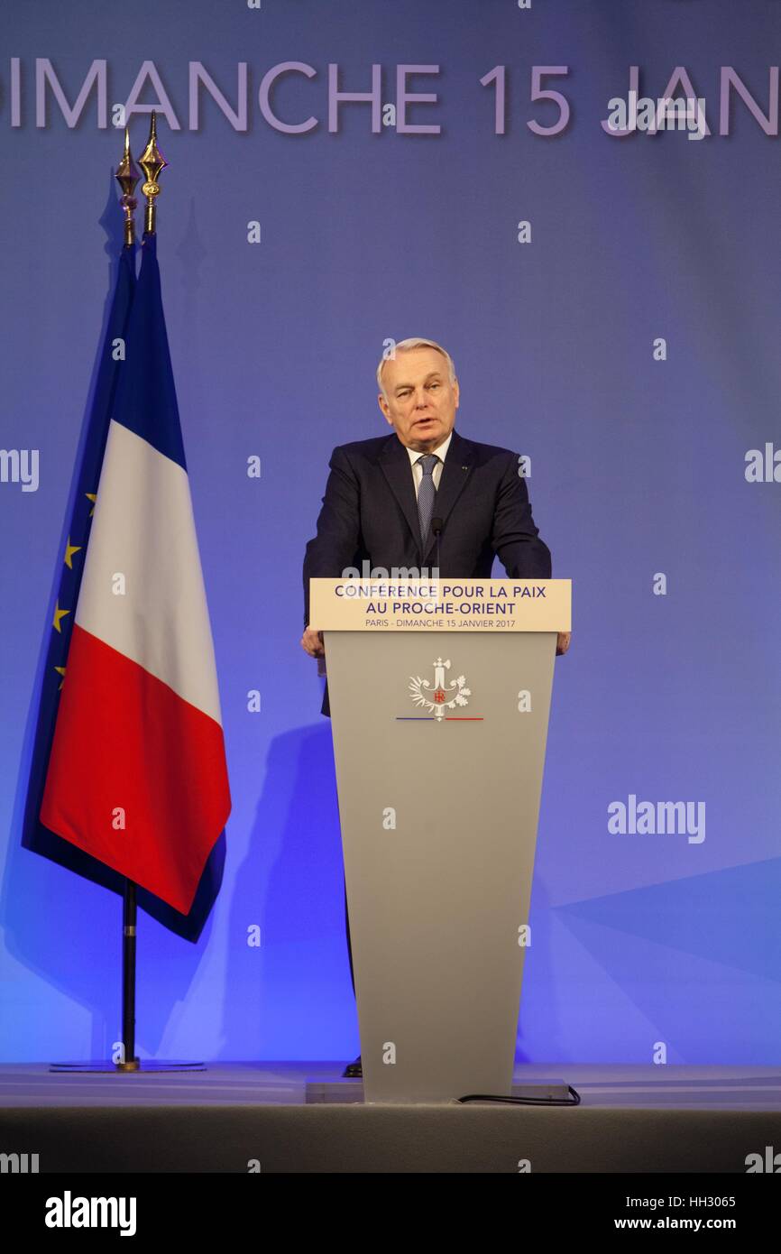 Paris, France. 15th Jan, 2017. Political figures attend the Middle East Peace Conference, Paris, France. International summit. 7O countries have participated in the summit. Jean-Marc Ayrault, French politician, Foreign Affaires Minister of France. Credit: Ania Freindorf/Alamy Live News Stock Photo
