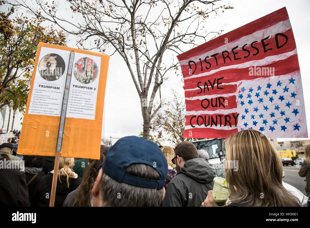 Los Angeles, USA. 15th Jan, 2017. Protesters carry signs opposing Donald Trump at the Los Angeles rally to save the Affordable Care Act at LAC/USC Medical Center. Credit: Andie Mills/Alamy Live News. Stock Photo