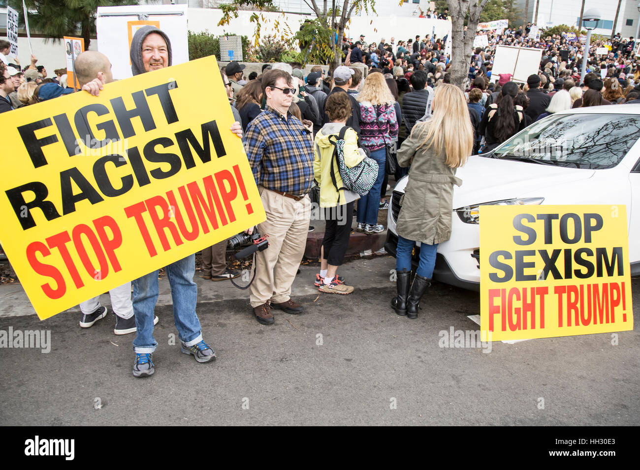Los Angeles, USA. 15th Jan, 2017. Protesters carry signs opposing Donald Trump at the Los Angeles rally to save the Affordable Care Act at LAC/USC Medical Center. Credit: Andie Mills/Alamy Live News. Stock Photo