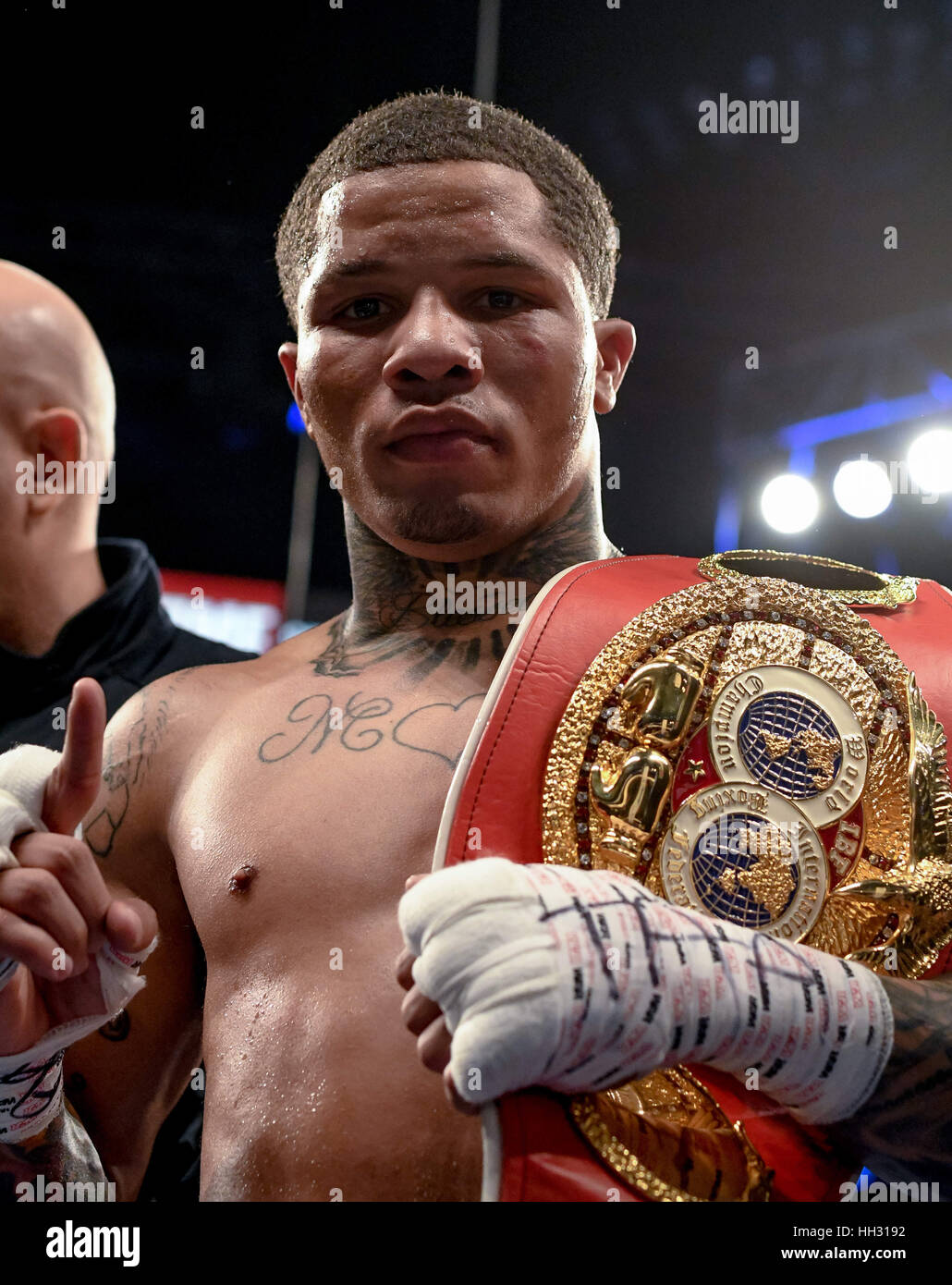 Brooklyn, New York, USA. 14th Jan, 2017. Gervonta Davisposes after defeating Jose Pedraza in a junior lightweight championship bout at the Barclays Center in Brooklyn, New York. Credit: Joel Plummer/ZUMA Wire/Alamy Live News Stock Photo