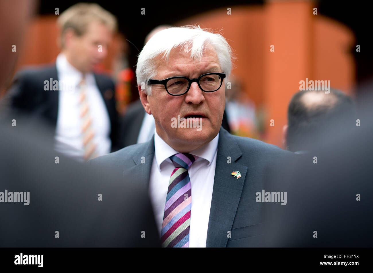 FILE - A file picture dated 17 July 2014 shows German Foreign Minister Frank-Walter Steinmeier (c, SPD) speaking to business representatives on the occasion of the signing of a new Kaufvertrag (lit. purchase contract) for the new BMW factory location in Mexico City, Mexico. Car manufacturer BMW plans to invest around 1 billion dollars in a new factory in San Luis Potosi. Photo: Bernd Von Jutrczenka/dpa Stock Photo