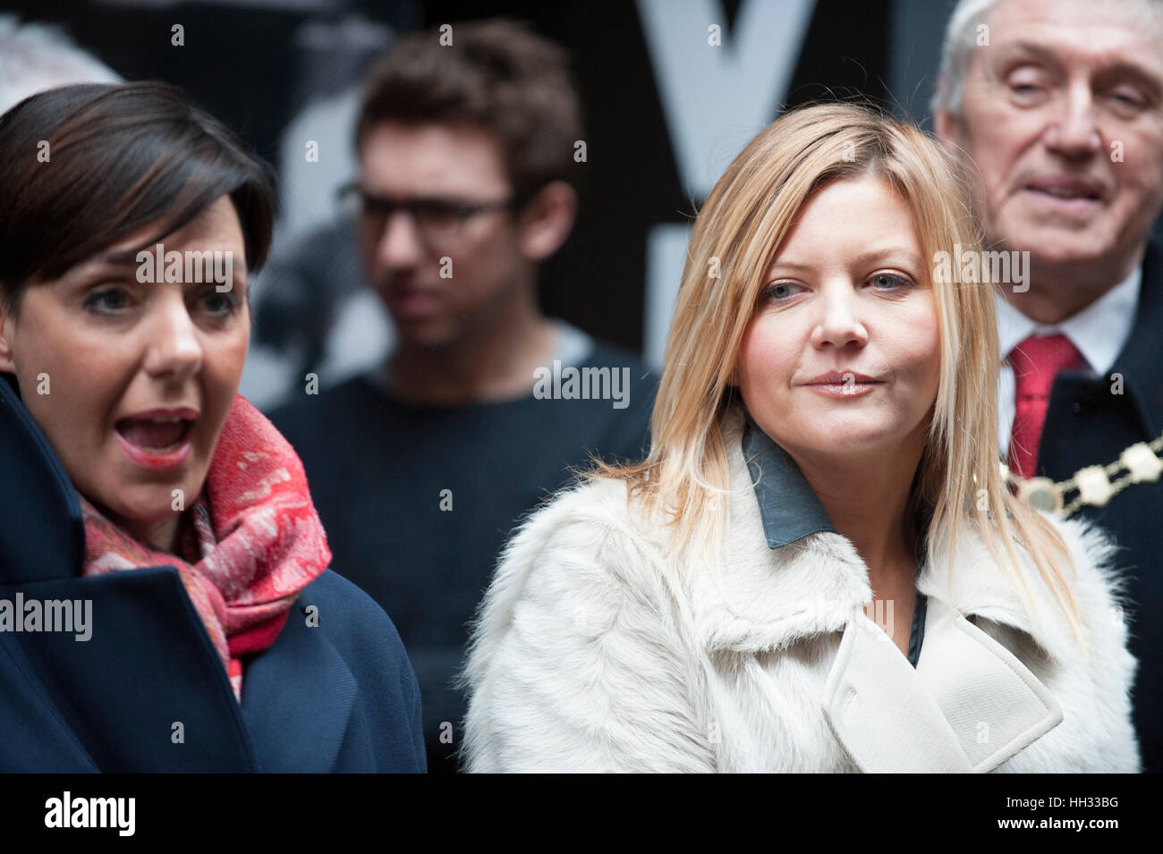 Liverpool, UK. 16th January 2017. Artist, Emma Rodgers, and Angela Samata, Merseyside Woman of the year 2015, attend the unveiling of a bronze sculpture she created of Liverpool born singer and TV star, Cilla Black, outside the Cavern Club in Matthew Street, Liverpool.  Coinciding with the 60th birthday of The Cavern Club, the statue was commissioned by her three sons, Robert, Ben and Jack Willis, and created by artists Emma Rodgers and Andy Edwards, the statue has been gifted to the City of Liverpool. © Paul Warburton Stock Photo