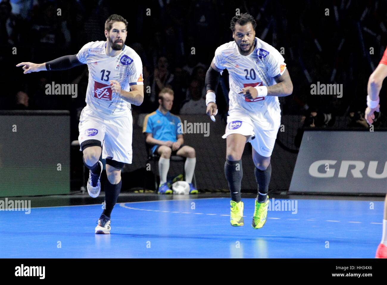 Parc exposition xxl, Nantes, France. 15th Jan, 2017. 25th World Handball Championships France versus Norway. Nicolas Karabatic and Cédri Sorhaindo France in shooting action Credit: Laurent Lairys/Agence Locevaphotos/Alamy Live News Stock Photo