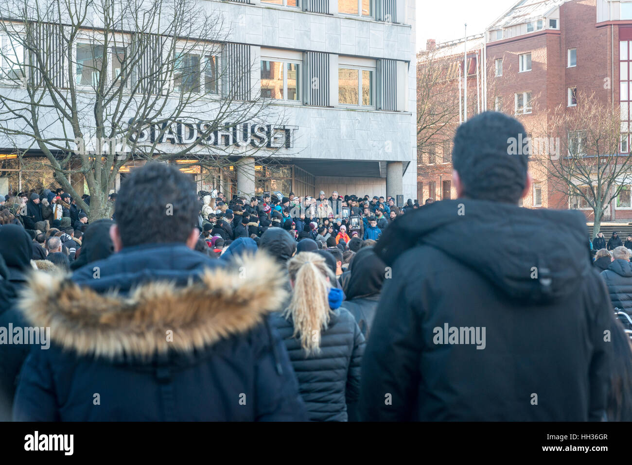 Malmö, Sweden. 16th January, 2017. The city shocked by the murder of a 16 year old boy gathering at City Hall for a manifestation against violence. Credit: Tommy Lindholm/Alamy Live News Stock Photo