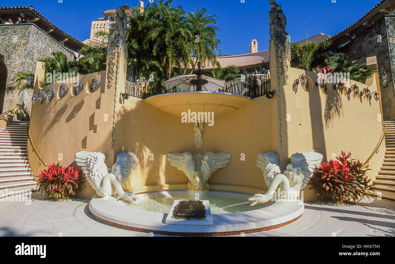 Palm Beach, Palm Beach County, US. 30th Jan, 2003. Decorative swans flank a fountain at the National Historic Landmark, Mar-a-Lago in Palm Beach, Florida. Current owner President-elect DONALD J. TRUMP has turned the 1924 Mediterranean Revival mansion and estate of the late cereal heiress MARJORIE MERRIWEATHER POST into a members-only private club, where he also keeps family quarters. Credit: Arnold Drapkin/ZUMA Wire/Alamy Live News Stock Photo