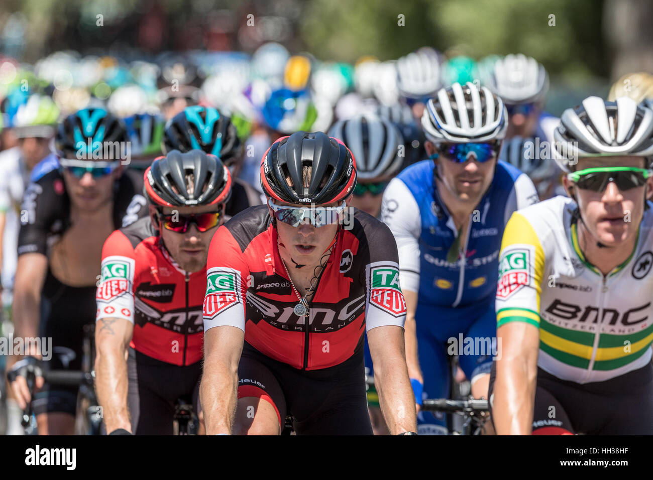 Adelaide, Australia. 17th January, 2017. Cyclists from the BMC Racing Team (BMC) during Stage 1 of the Santos Tour Down Under 2017. Credit: Ryan Fletcher/Alamy Live News Stock Photo