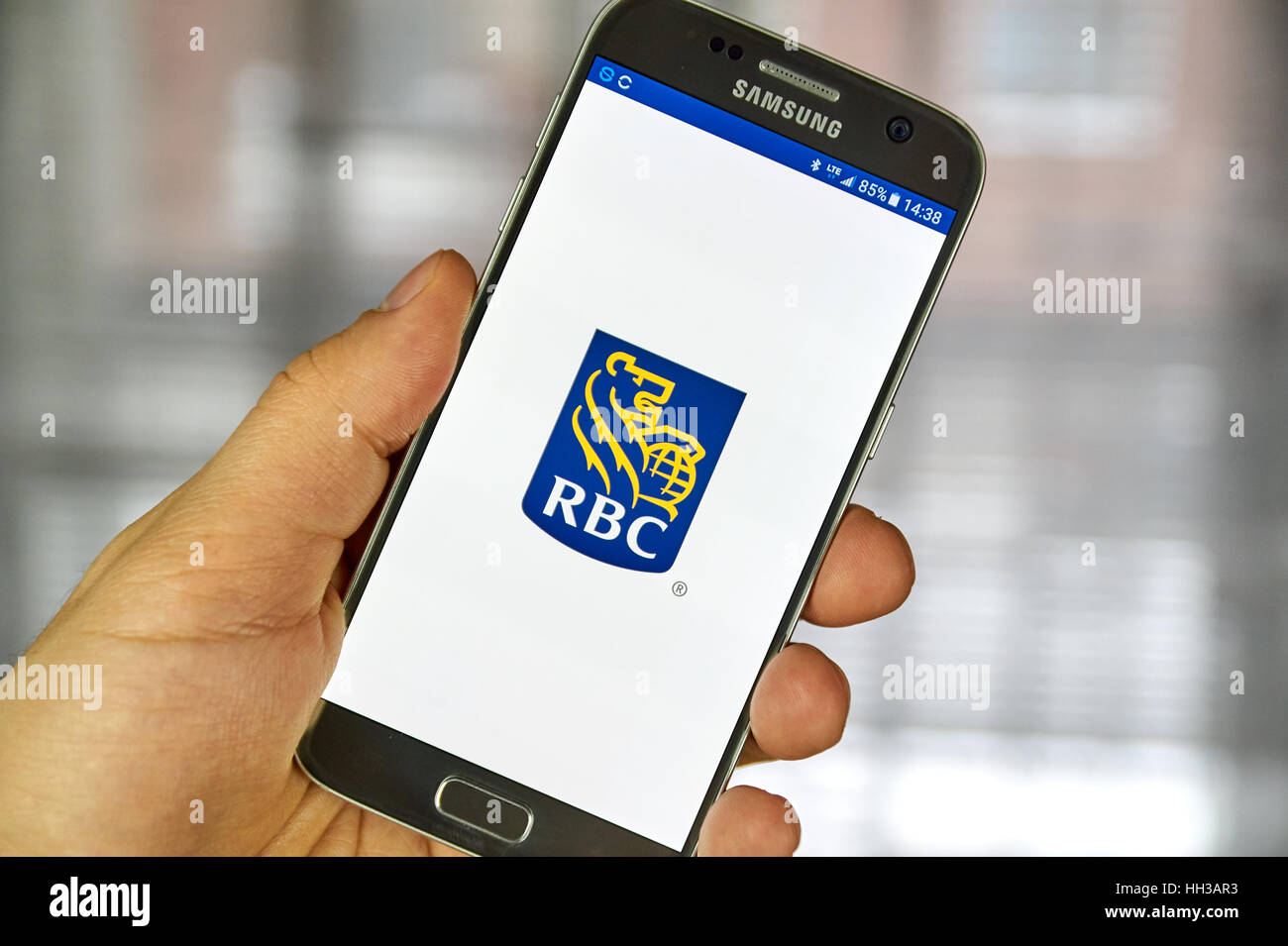 MONTREAL, CANADA - DECEMBER 23, 2016 : RBC logo and mobile app on Samsung S7 screen. The Royal Bank of Canada is a Canadian multinational financial se Stock Photo