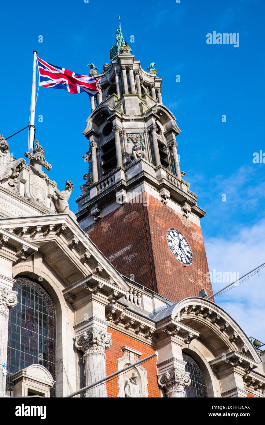 Looking up at the tower of the impressive Colchester Town Hall in