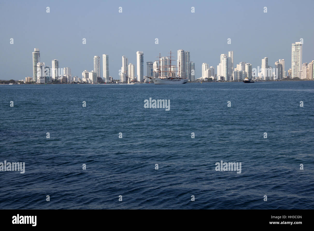 Skyline of the city of Cartagena, Colombia over the Caribbean ocean port entrance, South America. Stock Photo