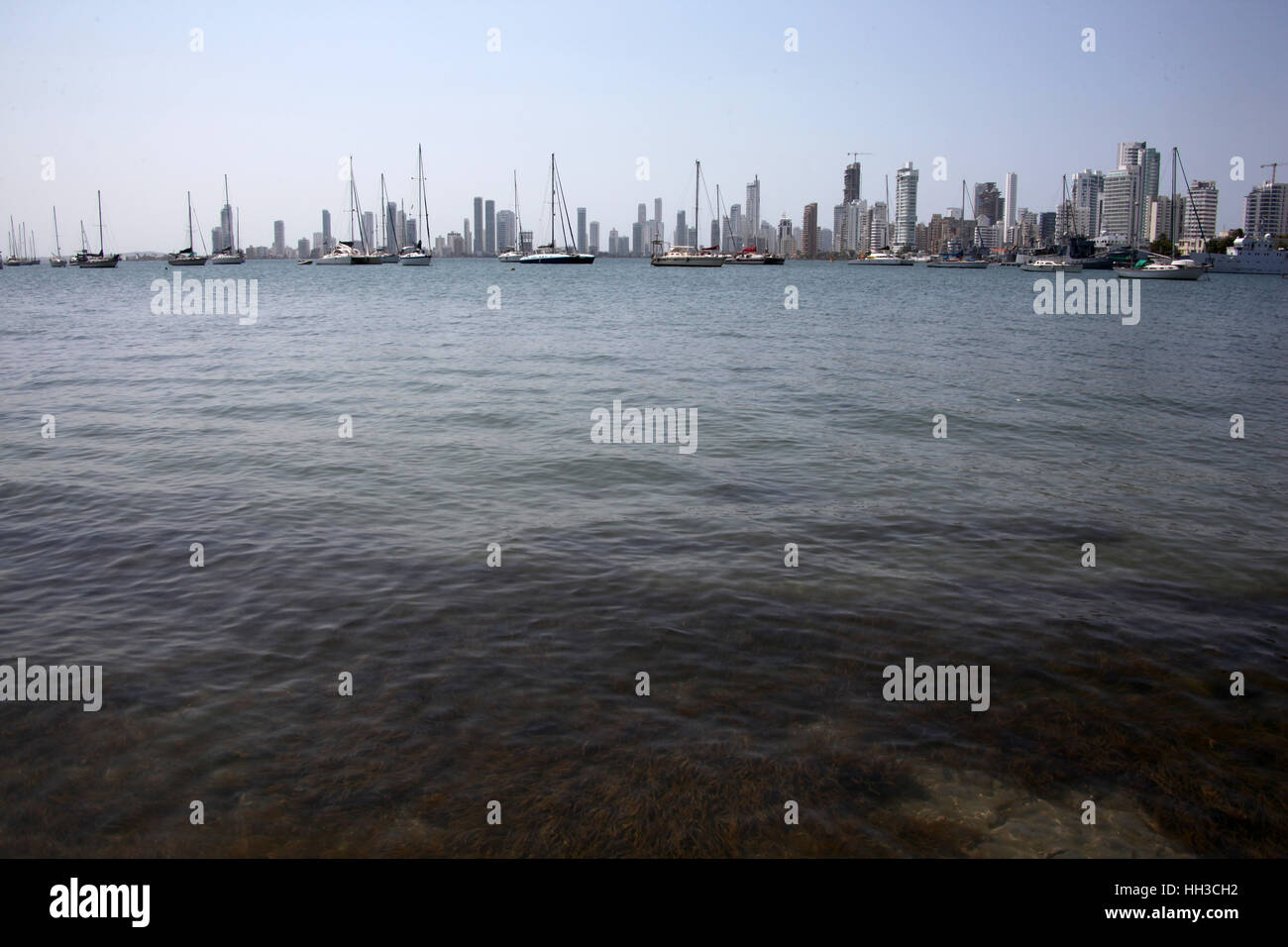 Skyline of the city of Cartagena, Colombia over the Carribean ocean port entrance, South America. Stock Photo