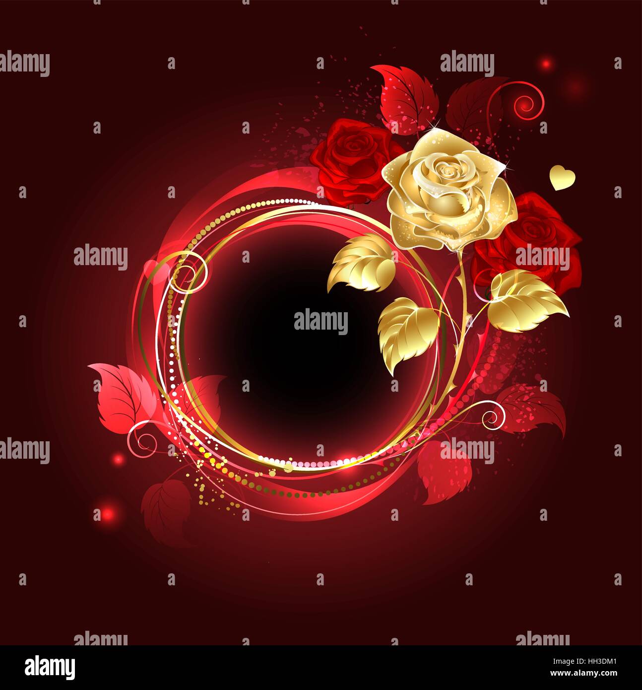 round banner with gold and red rose on red background. Stock Vector
