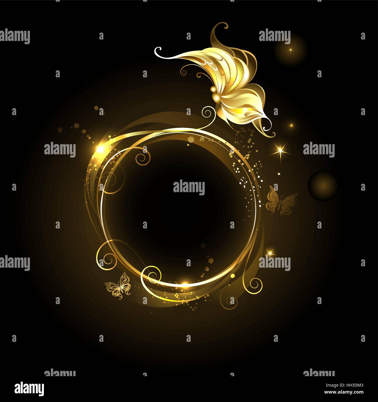 round , golden, glowing banner with golden butterfly on black background Stock Vector