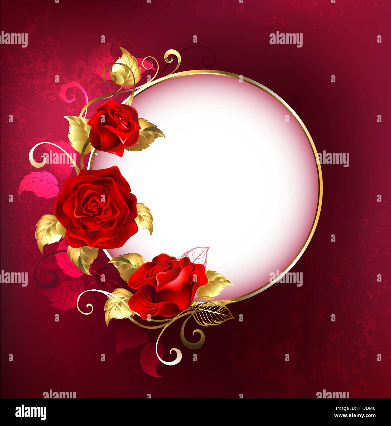 Round white banner with red roses and golden leaves on red textural background. Design with red roses. Stock Vector