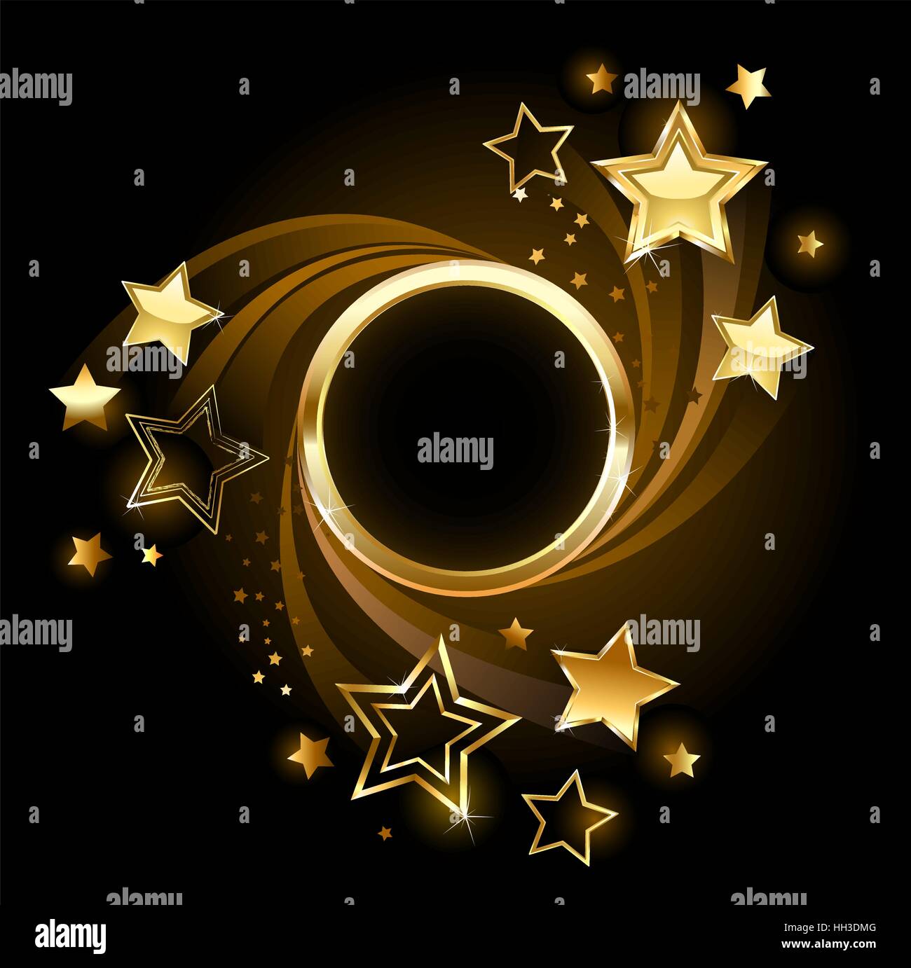 Round golden banner with gold, shining stars on a black background. Stock Vector