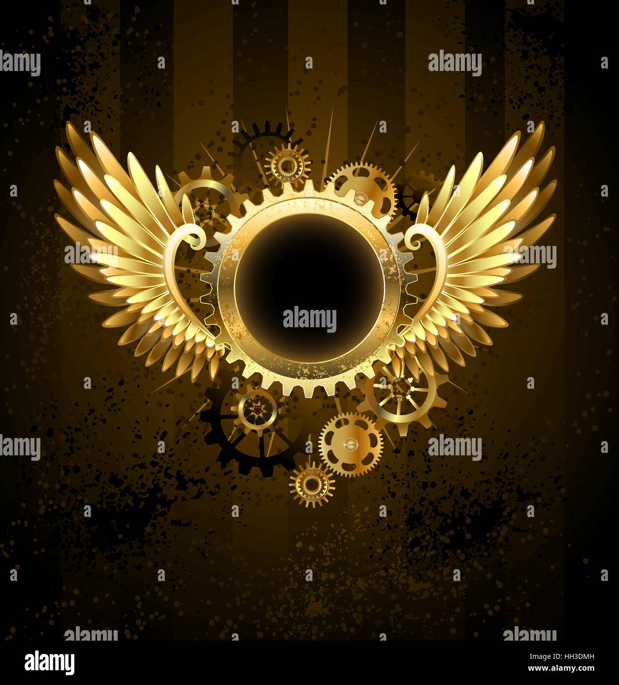 Brass round banner with metal wings and brass gears on striped Steampunk Background. Stock Vector