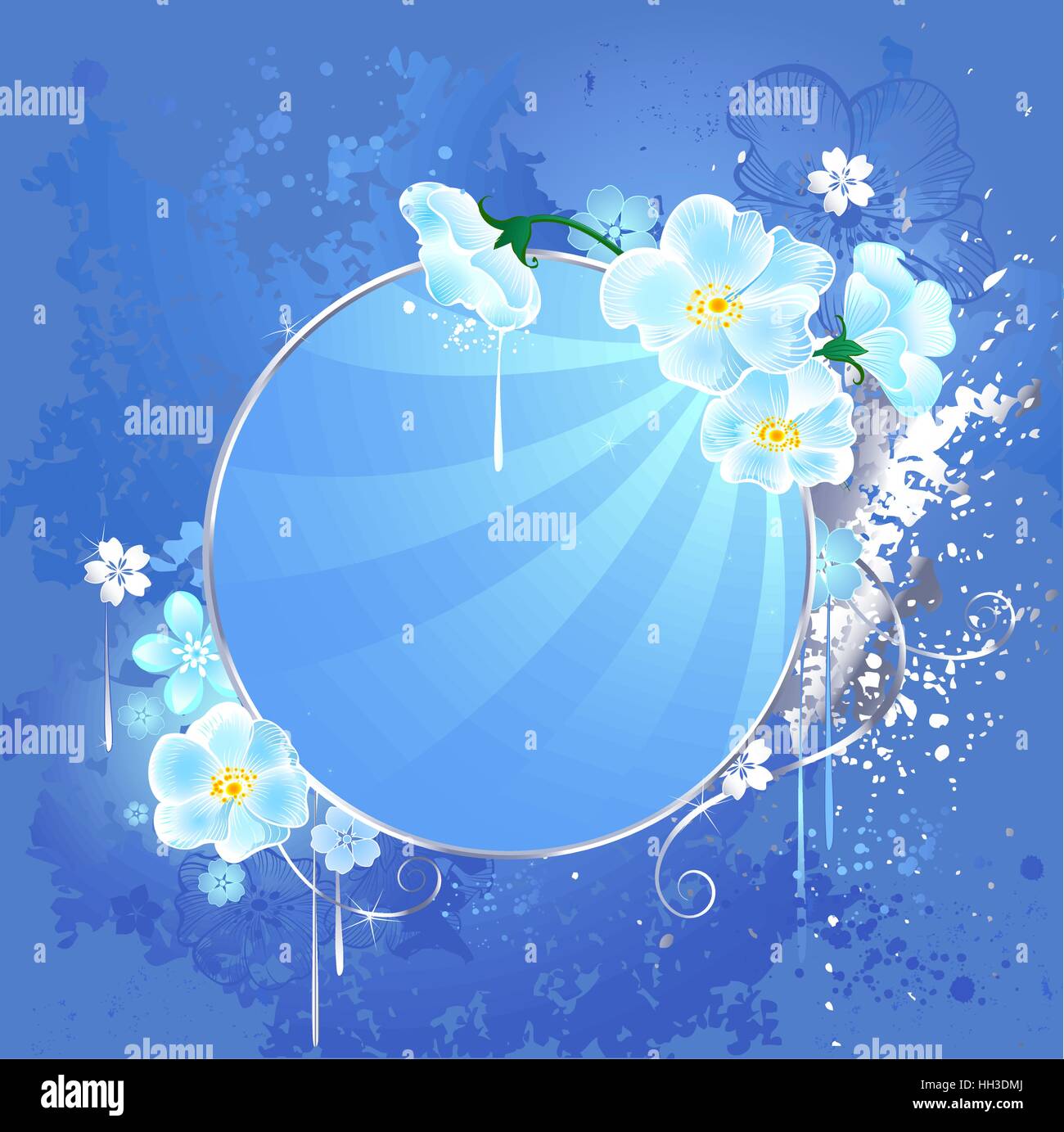 round, blue banner adorned with a silver frame and white flowers. Stock Vector