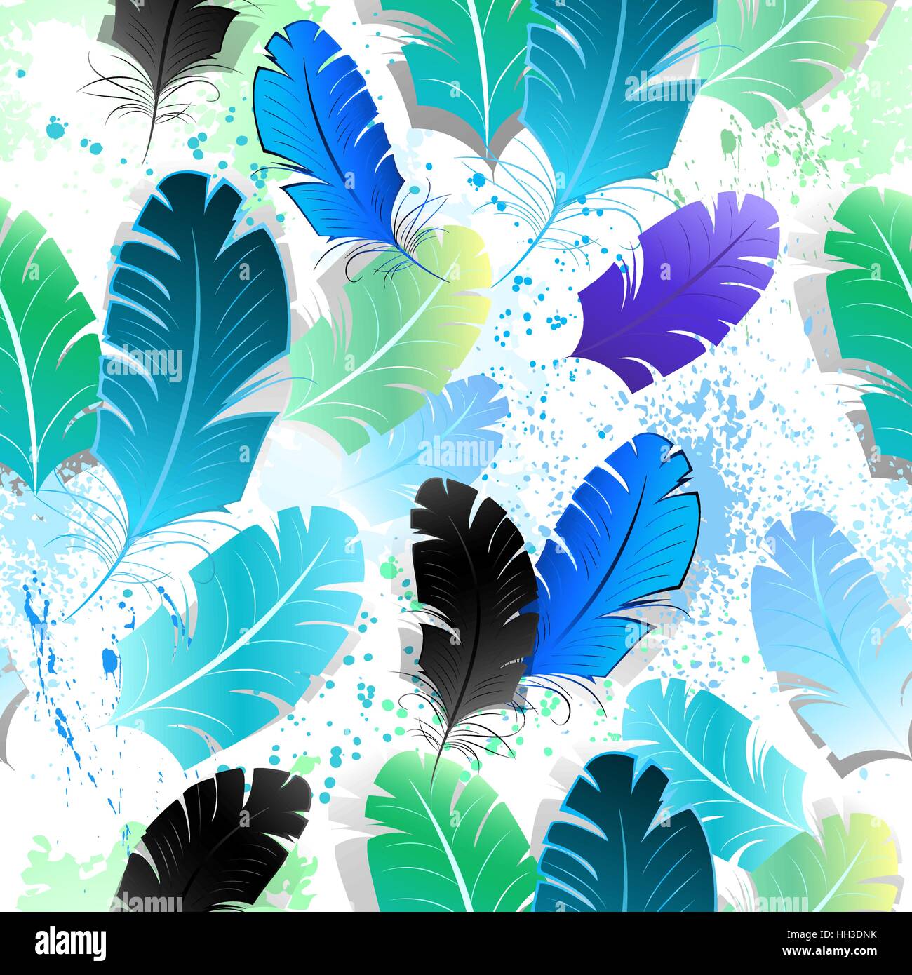 seamless pattern with bright blue, green and black feathers on a white background, shaded paint spots. Stock Vector