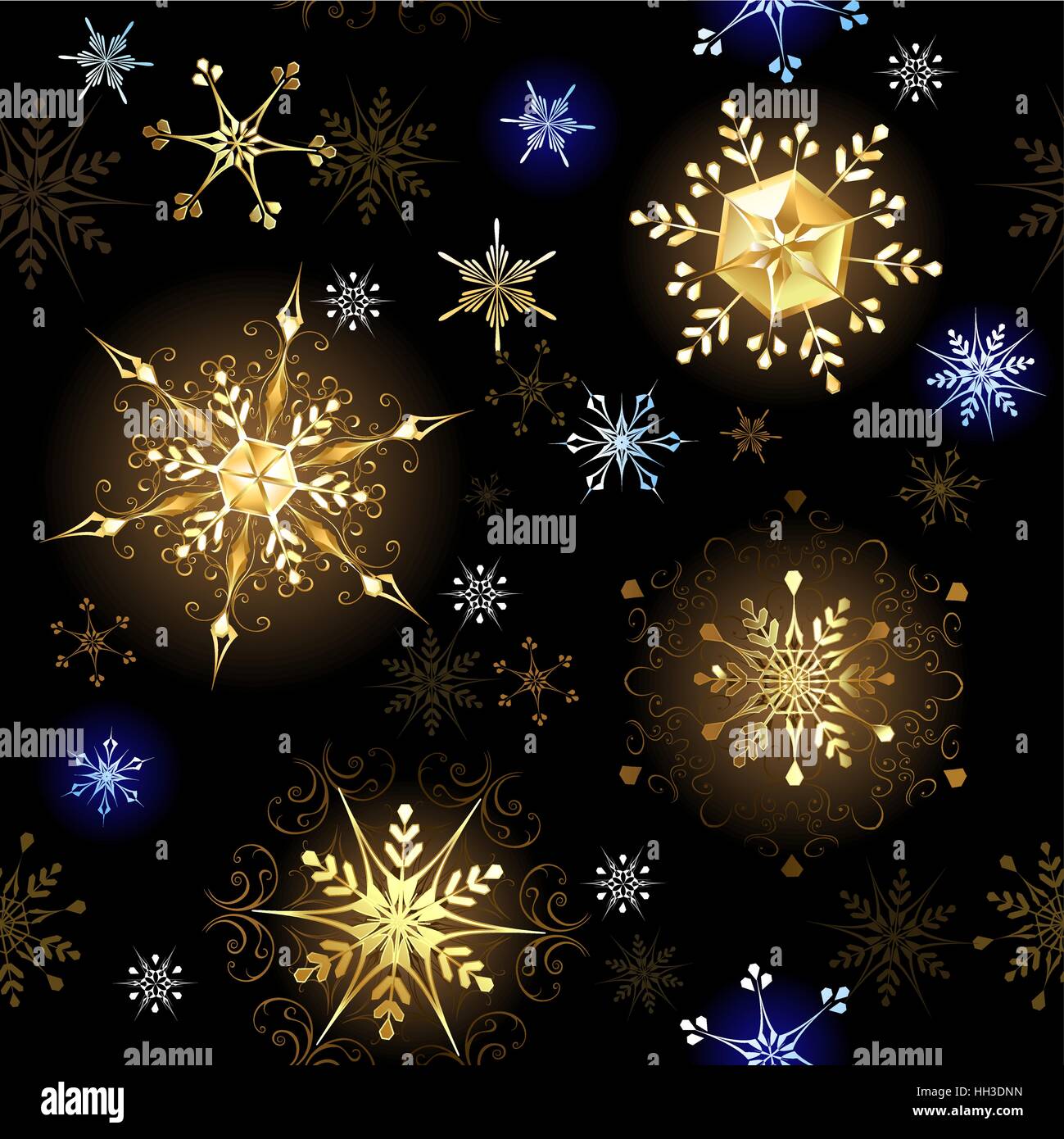 seamless pattern with gold and blue snowflakes on a black background ...