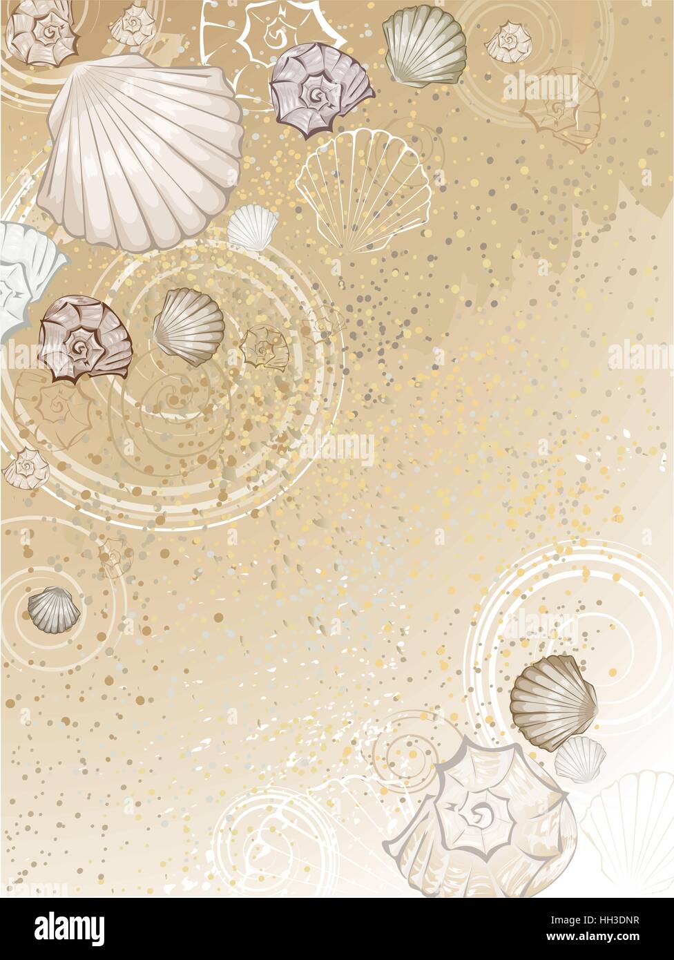 beautiful stylized sea shells on the brown sand. Stock Vector