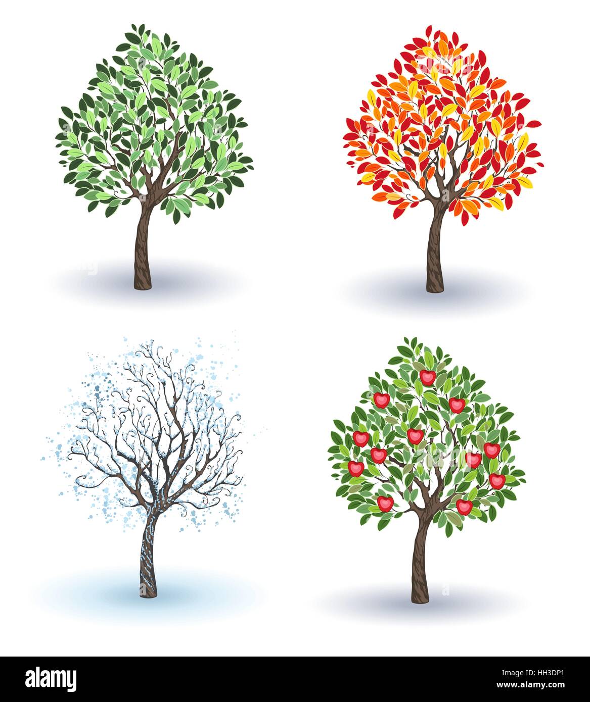 artistically painted small apple tree in winter, autumn, summer and spring season on a white background Stock Vector