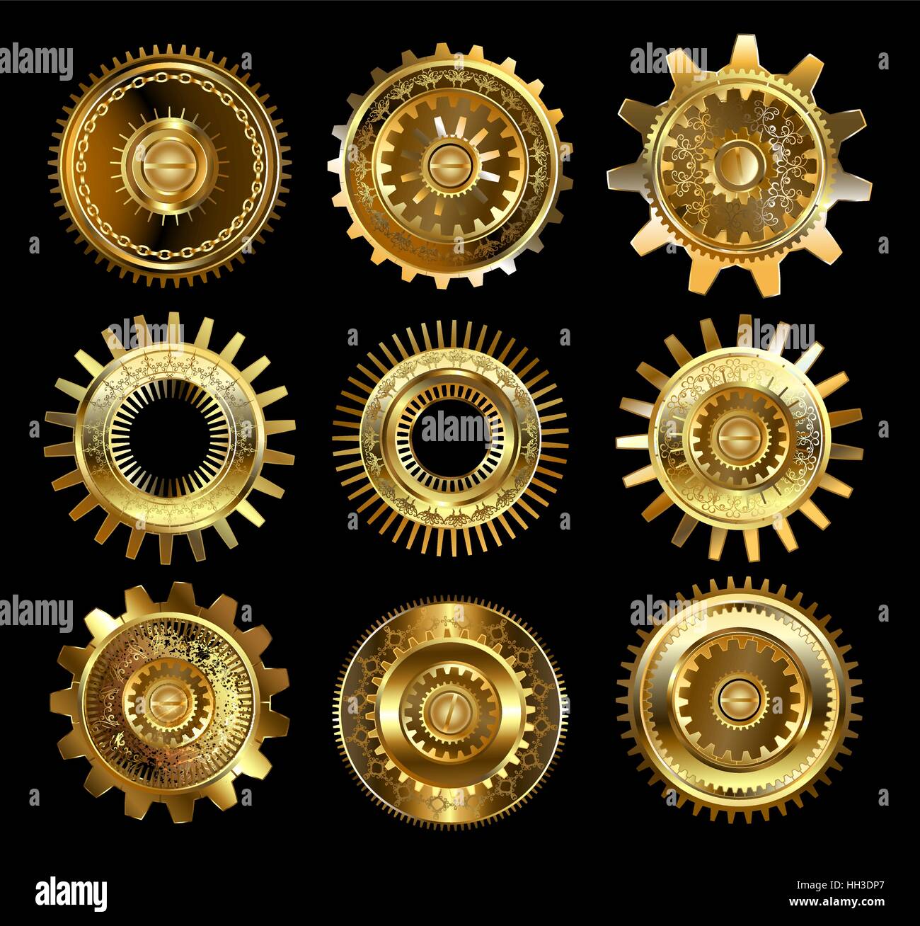 set of vintage, patterned brass and gold gears on a black background Stock Vector