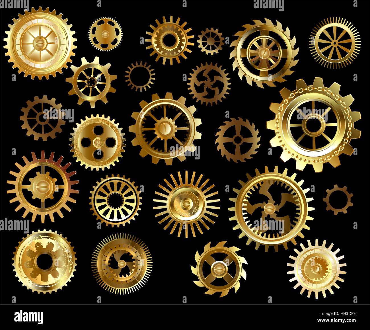 Set of gold and brass gears on a black background. Stock Vector