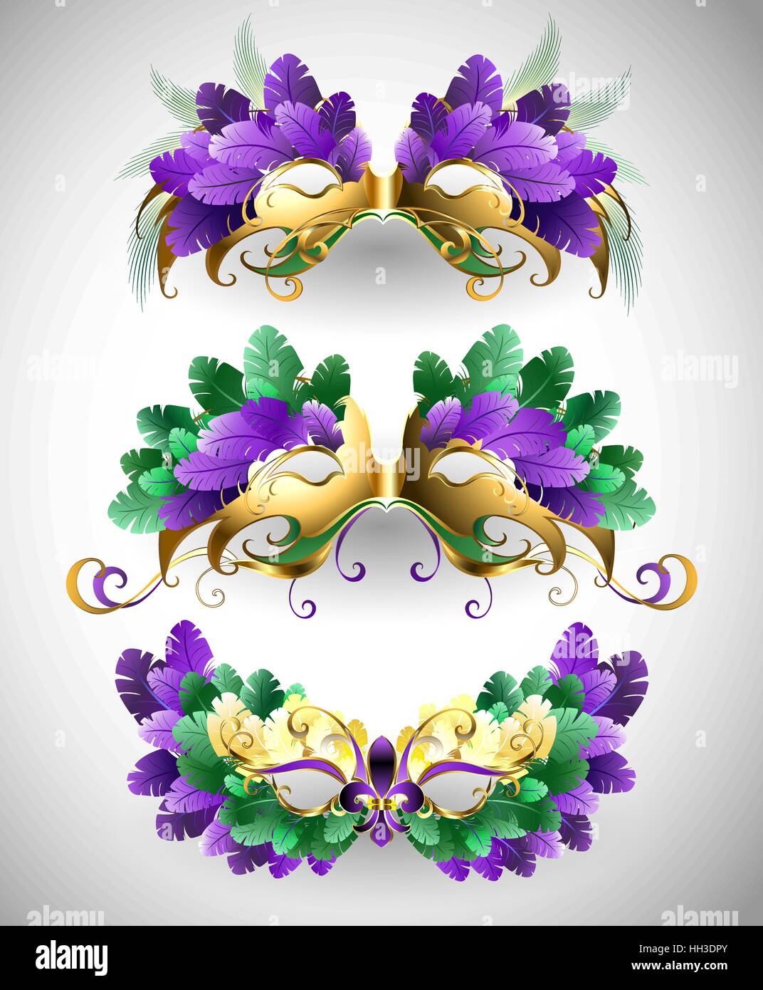Set of isolated colorful masks decorated with purple, green, yellow feathers. Festival Mardi Gras. Stock Vector