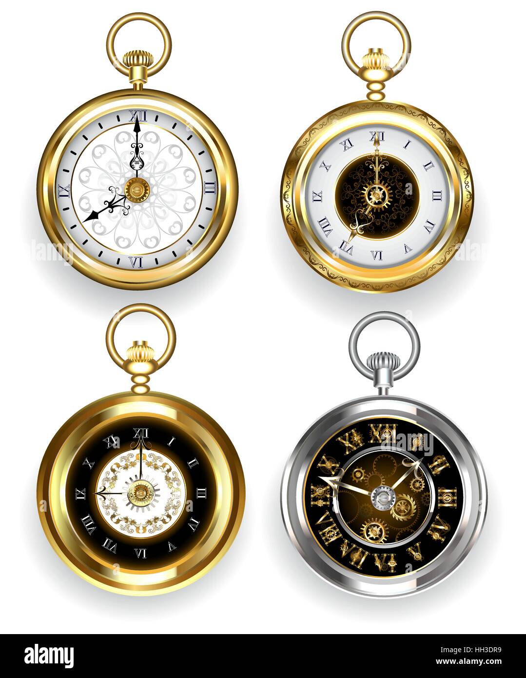 Set of round, gold and silver clock on a white background. Jewelry and Watches. Stock Vector