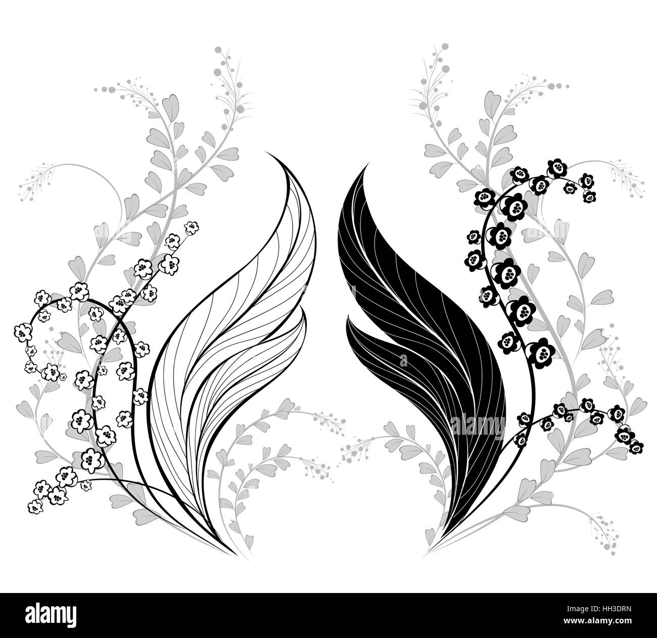 silhouette of two, artistically painted lily of the valley, with wild grass on a white background. Stock Vector
