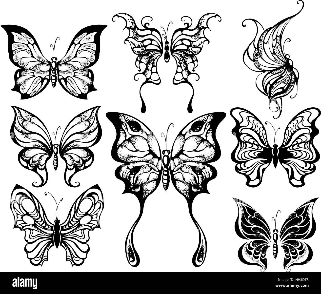 artistically painted silhouettes of exotic butterflies on a white background. Stock Vector