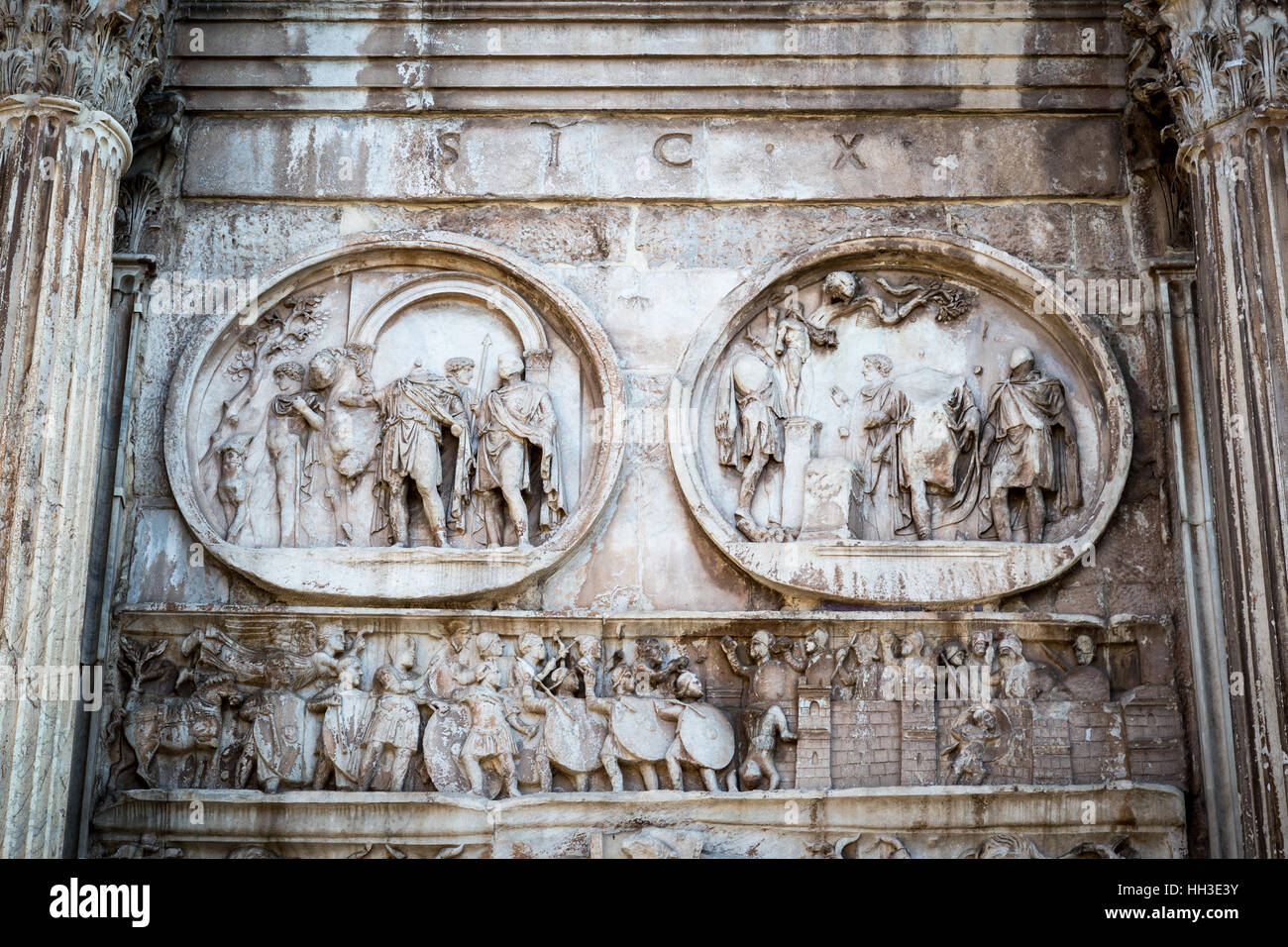 A detail shot of the relief sculptures on the Arch of Constantine in