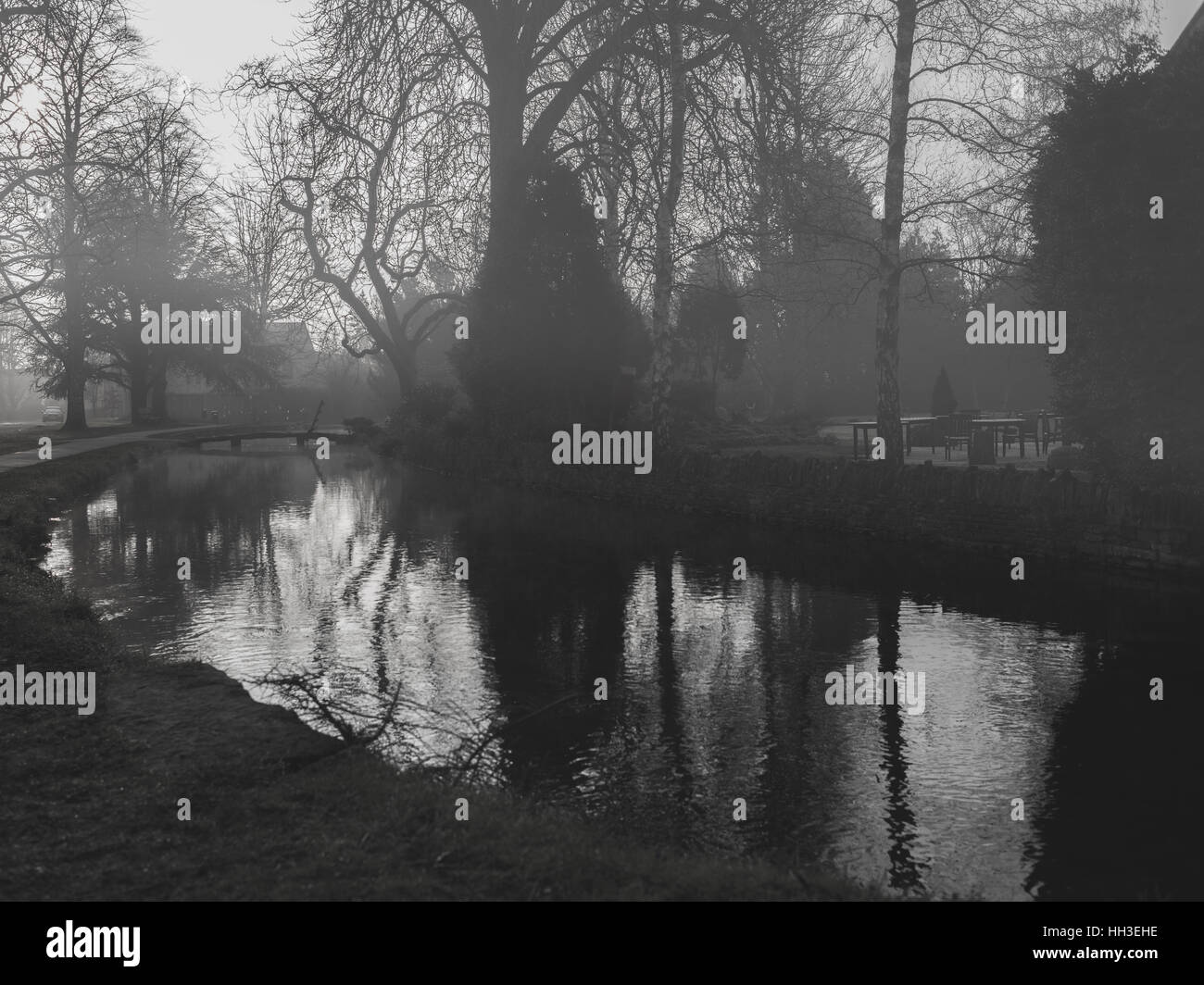 Foggy Black and White Lower Slaughter River Stock Photo