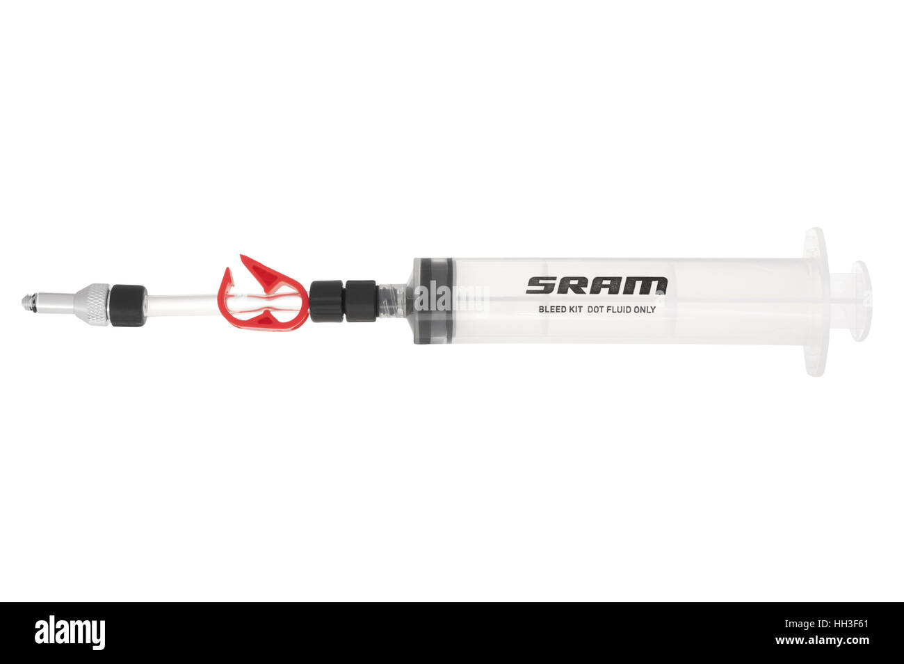SRAM bicycle disk brake bleed kit syringe on white background Stock Photo