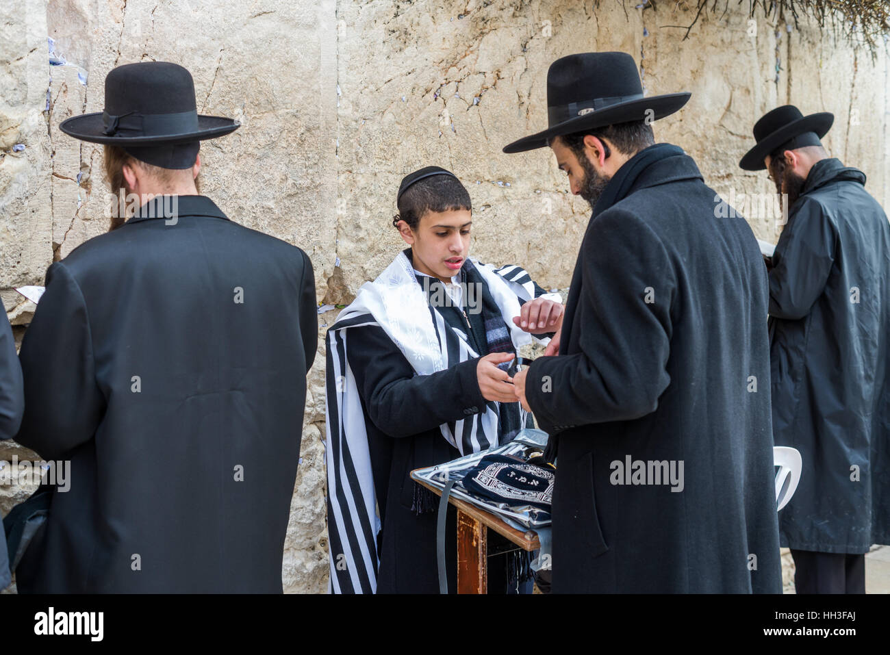 Hasidic Jews praying at the Western Wall, Jerusalem, Israel, Middle East, Asia Stock Photo