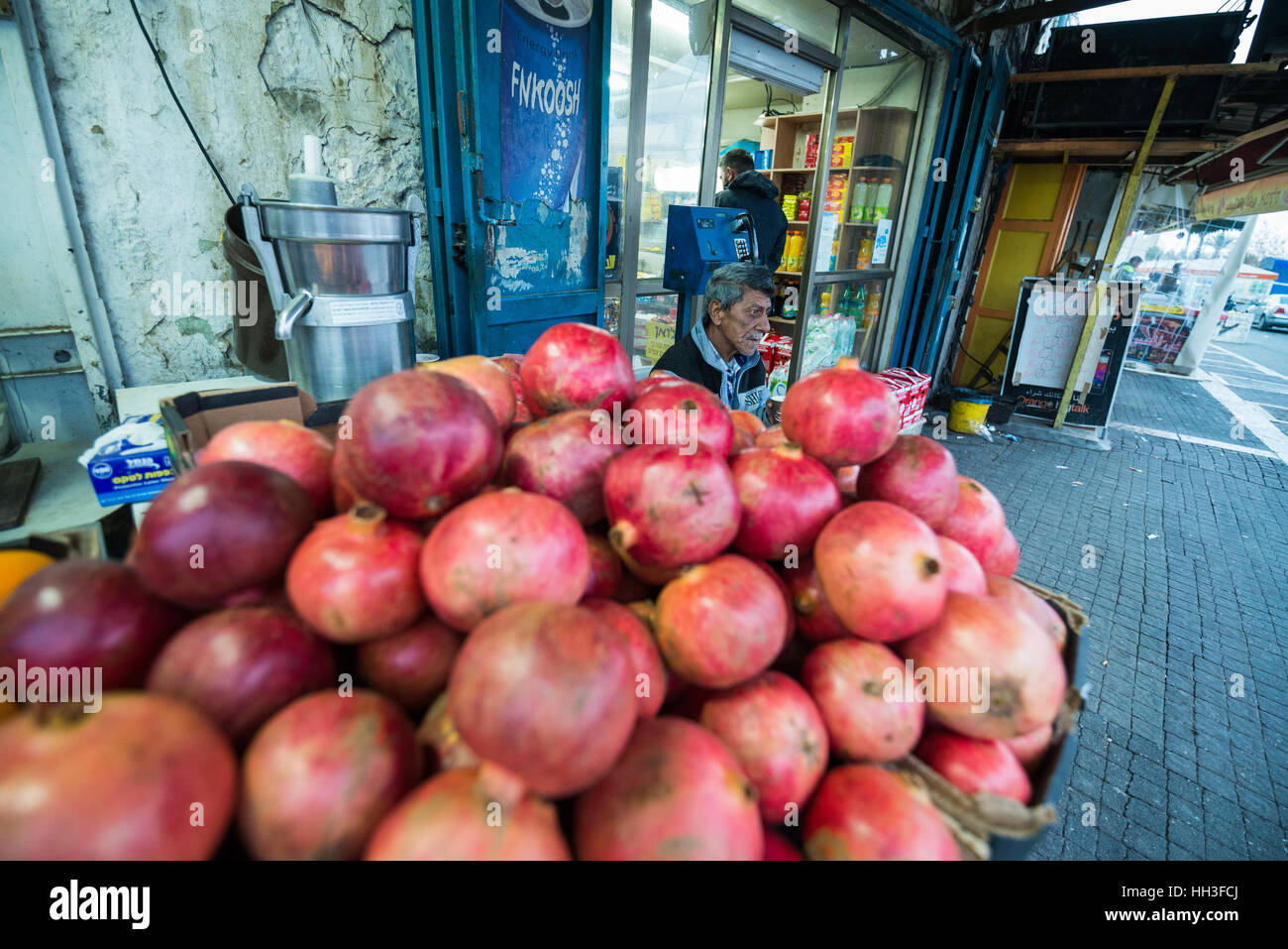 Seller of the fresh pomegranate juice, Jerusalem, Israel Stock Photo