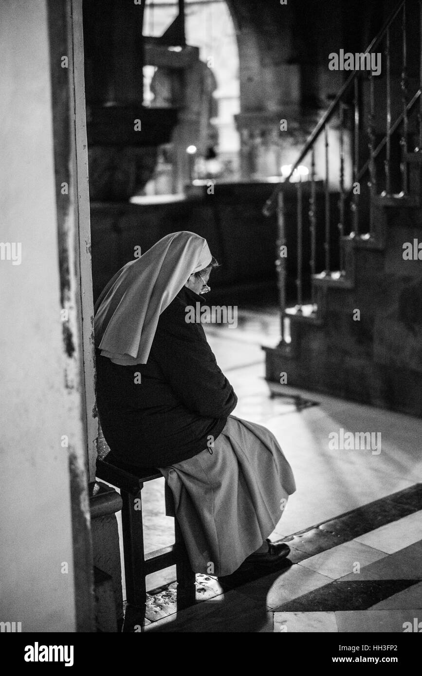 Crucifixion altar in the Church of Holy Sepulchre on Golgotha, Jerusalem, Israel Stock Photo