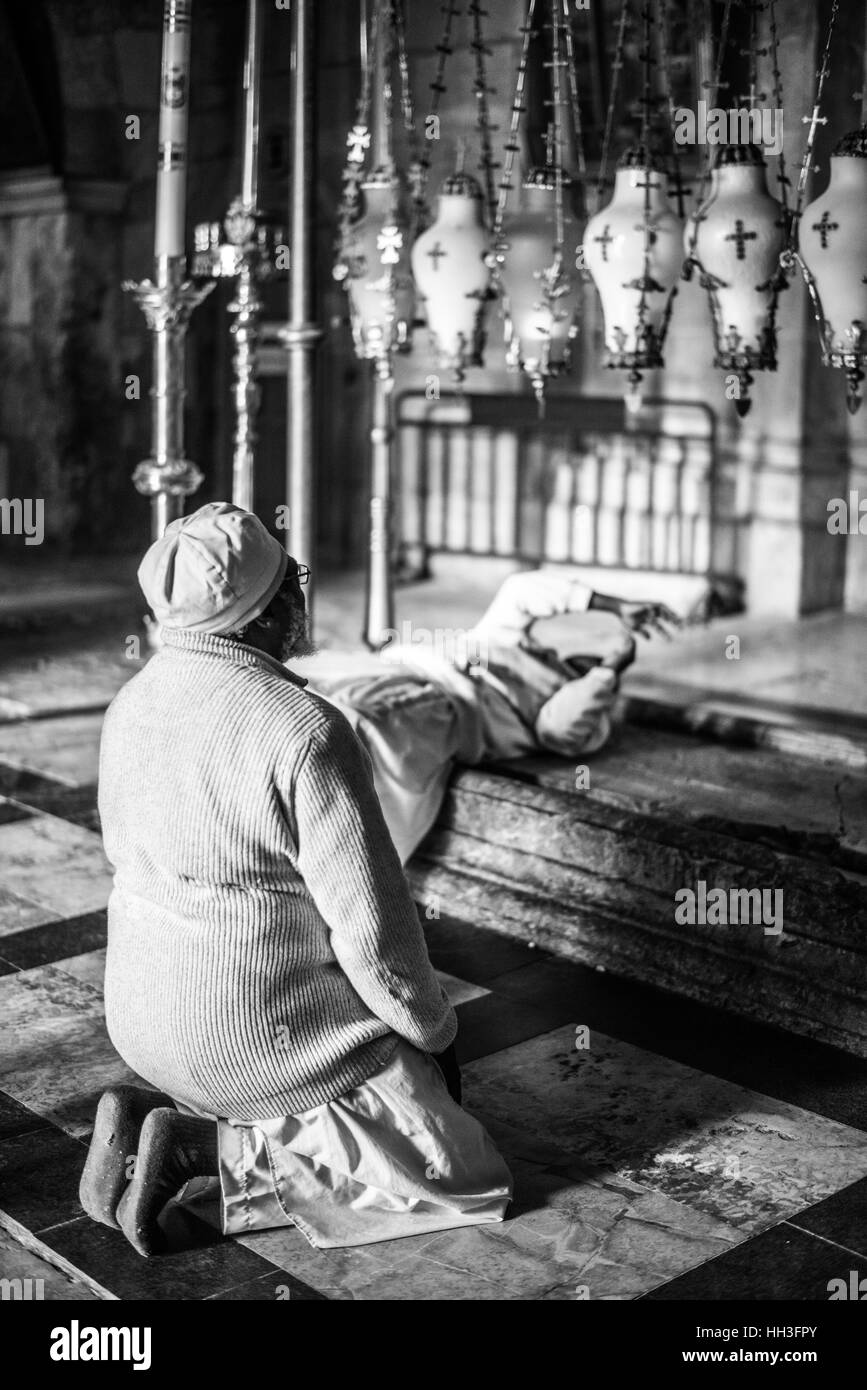 Stone of the Unction, Church of the Holy Sepulchre, Old City, UNESCO World Heritage Site, Jerusalem, Israel, Middle East Stock Photo