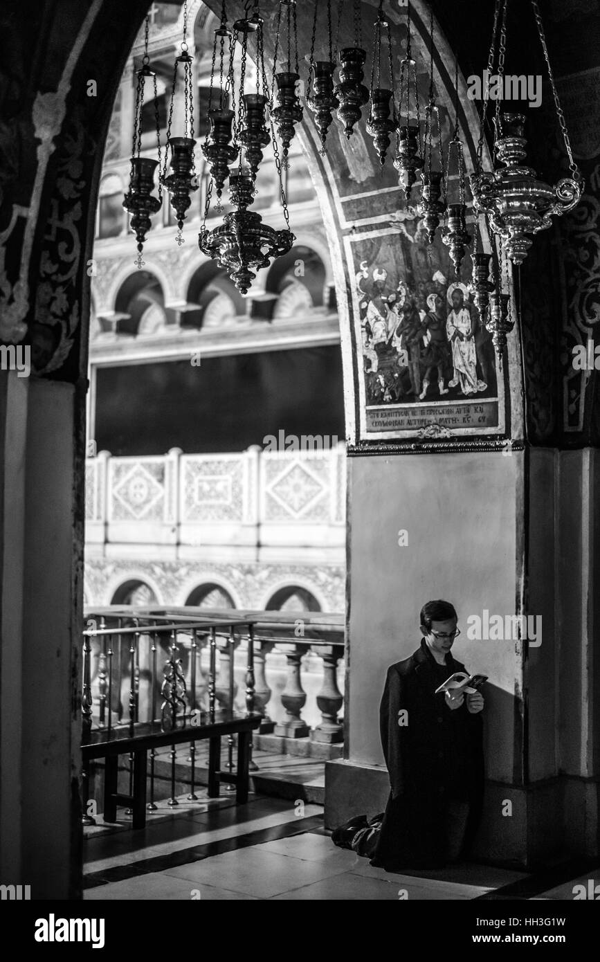 Crucifixion altar in the Church of Holy Sepulchre on Golgotha, Jerusalem, Israel Stock Photo