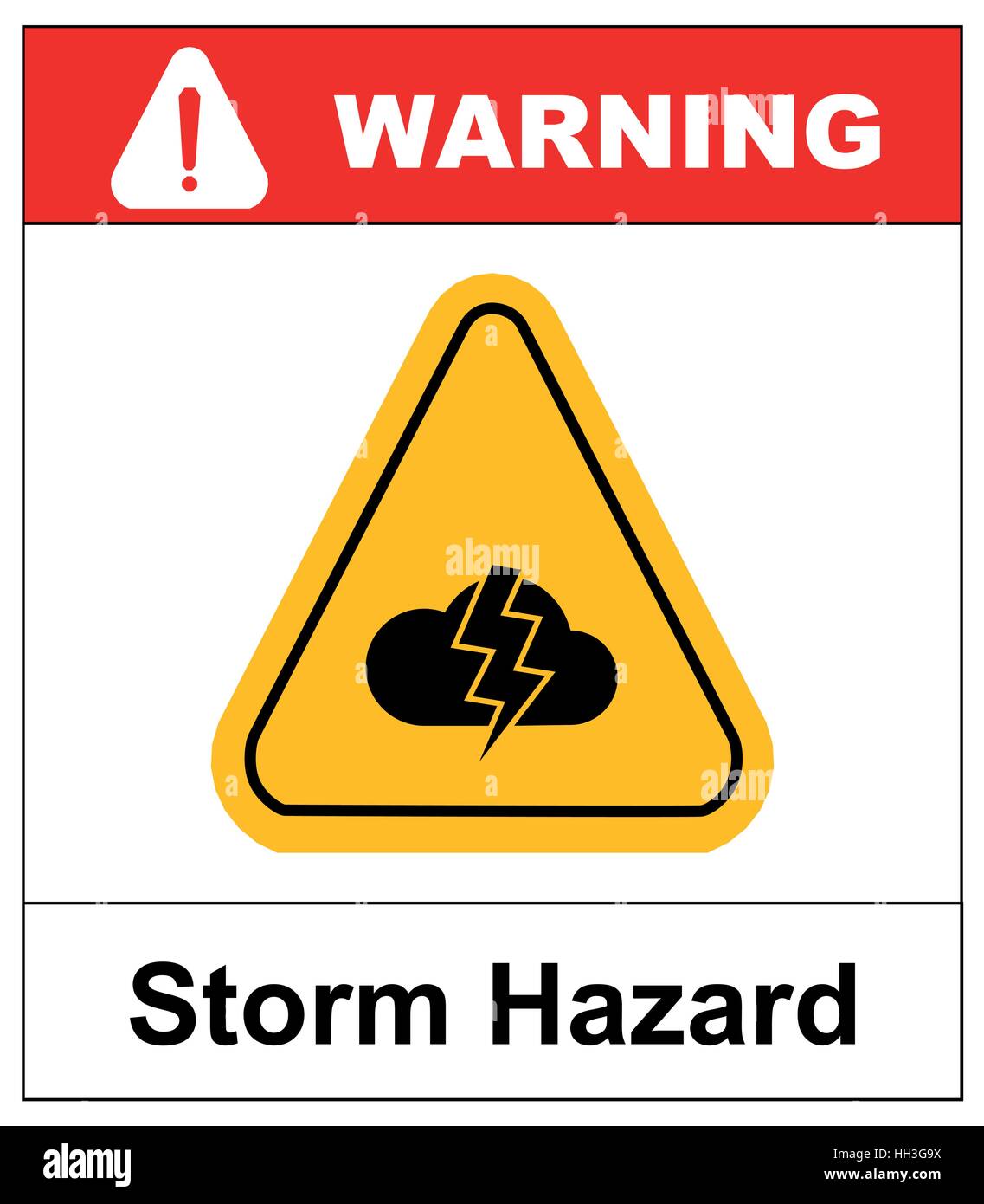 Storm Hazard sign. Vector warning sticker label for outdoors, yellow triangle isolated on white with text. Stock Vector