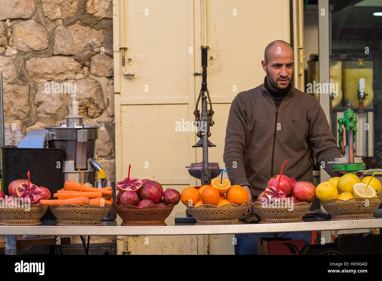 Seller of the fresh pomegranate juice, Jerusalem, Israel Stock Photo